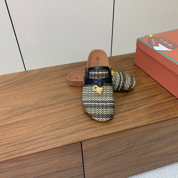 LP Birkenstock slippers black beige raffia calfskin 386726