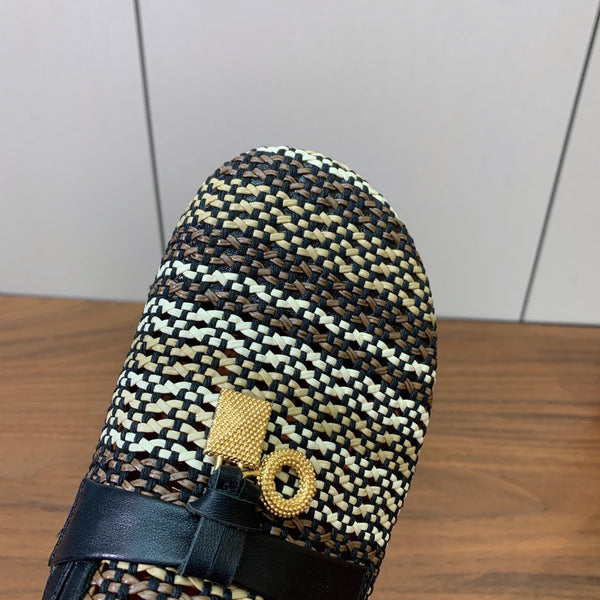 LP Birkenstock slippers black beige raffia calfskin 386726