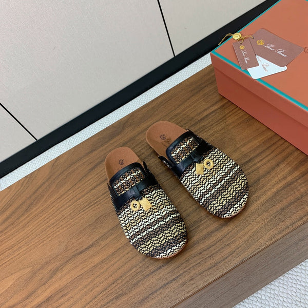 LP Birkenstock slippers black beige raffia calfskin 386726