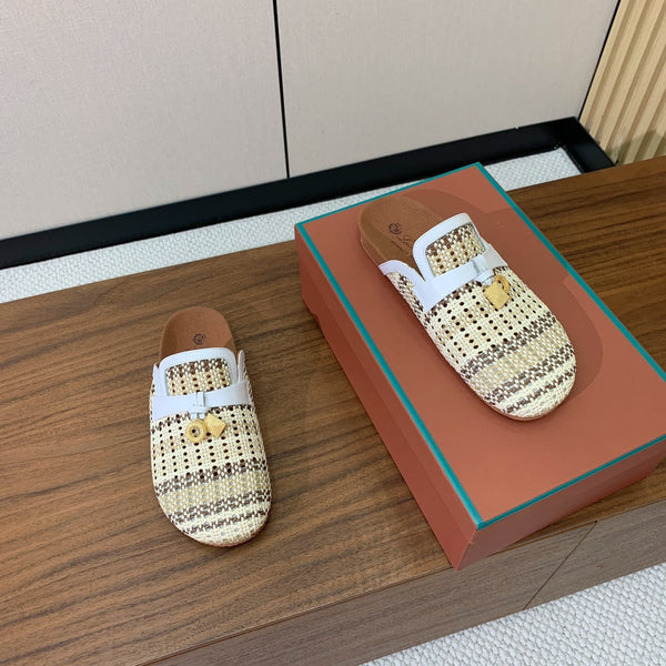 LP Birkenstock slippers white beige brown raffia calfskin 386727