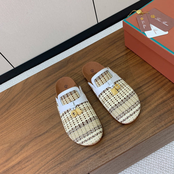 LP Birkenstock slippers white beige brown raffia calfskin 386727