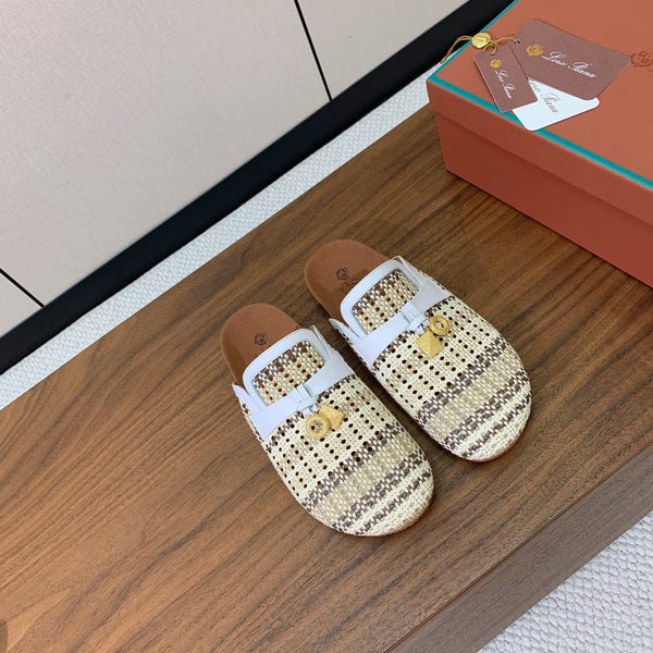 LP Birkenstock slippers white beige brown raffia calfskin 386727