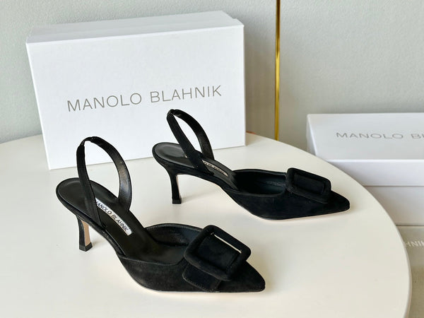 Manolo Slingback 7cm Black Suede Leather Bottom 451205