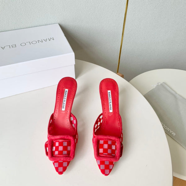 Manolo Mules Latest Checkerboard Red Fabric Leather 528007