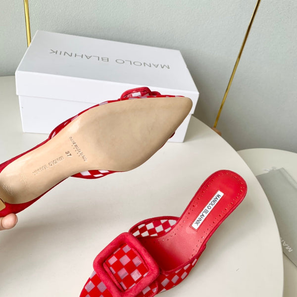 Manolo Mules Latest Checkerboard Red Fabric Leather 528007