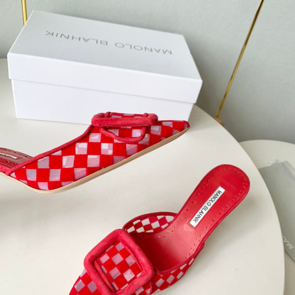 Manolo Mules Latest Checkerboard Red Fabric Leather 528007