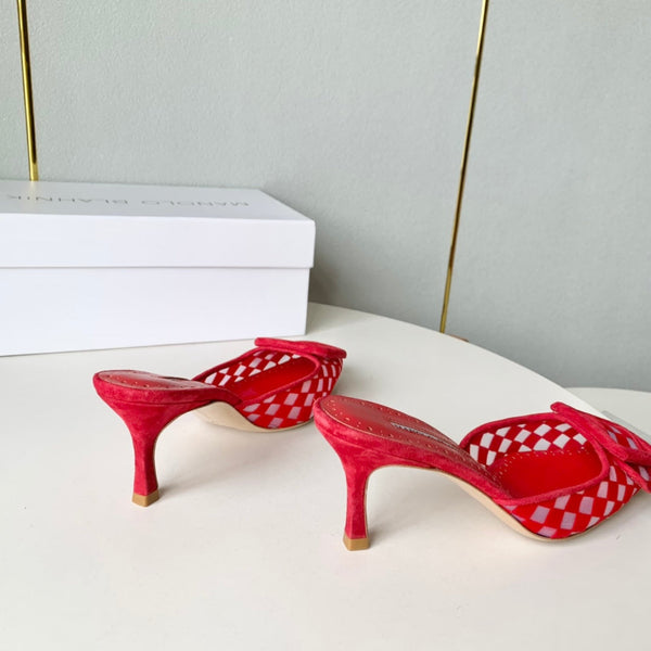 Manolo Mules Latest Checkerboard Red Fabric Leather 528007