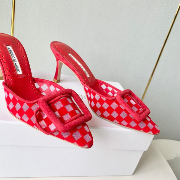 Manolo Mules Latest Checkerboard Red Fabric Leather 528007