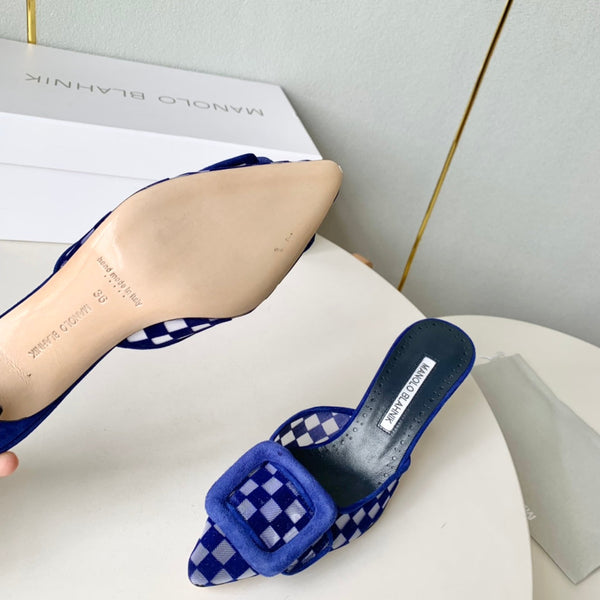 Manolo Mules Latest Checkerboard Blue Fabric Leather 528008