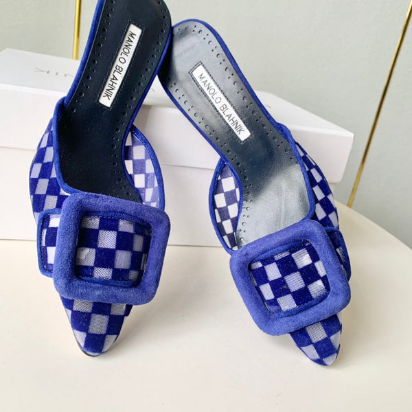 Manolo Mules Latest Checkerboard Blue Fabric Leather 528008