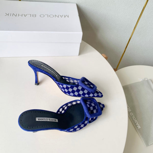 Manolo Mules Latest Checkerboard Blue Fabric Leather 528008