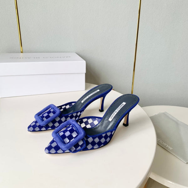 Manolo Mules Latest Checkerboard Blue Fabric Leather 528008