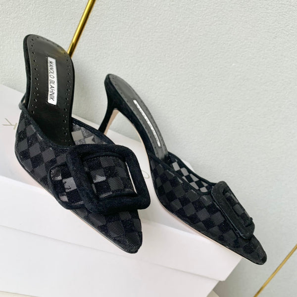 Manolo Mules Latest Checkerboard Black Fabric Leather 528010