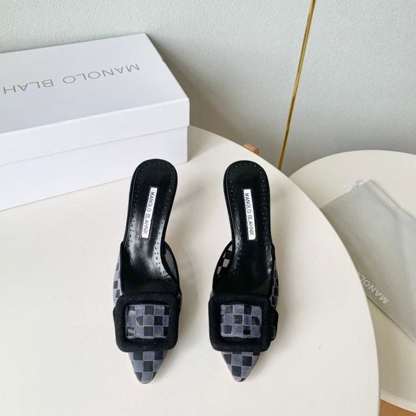 Manolo Mules Latest Checkerboard Grey Fabric Leather 528009