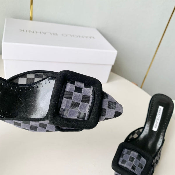 Manolo Mules Latest Checkerboard Grey Fabric Leather 528009