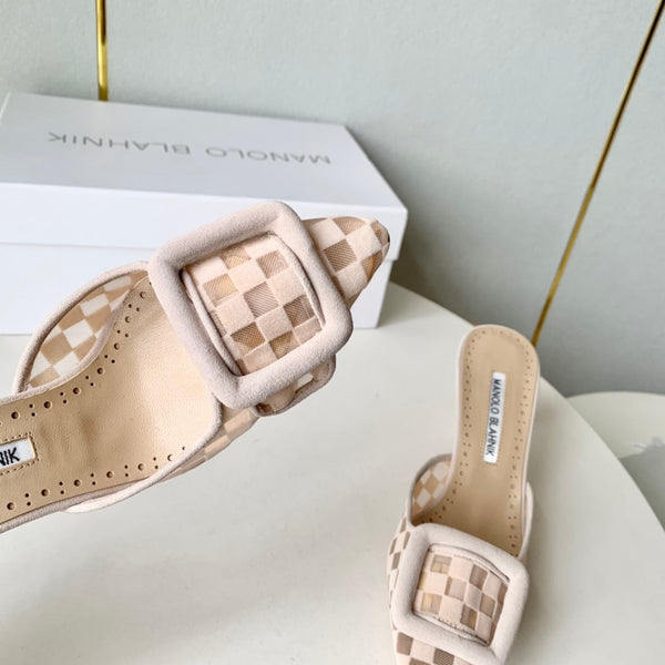 Manolo Mules Latest Checkerboard Beige Fabric Leather 528011