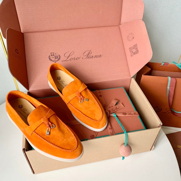 Loro Piana Orange Suede Summer Charms Walk Loafers