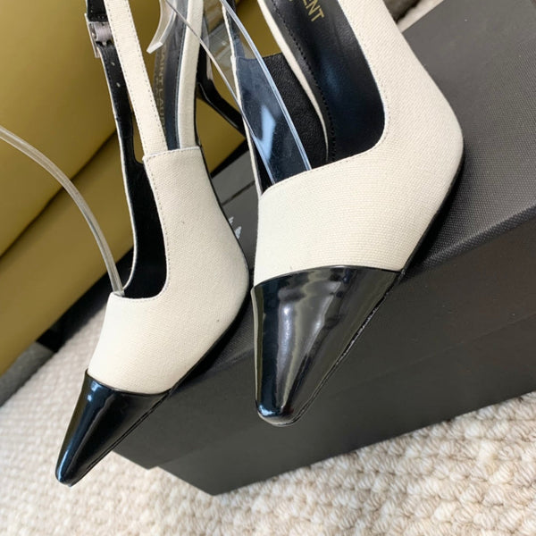 SL CAP-TOE SLINGBACKS WHITE CANVAS AND BLACK CALFSKIN
