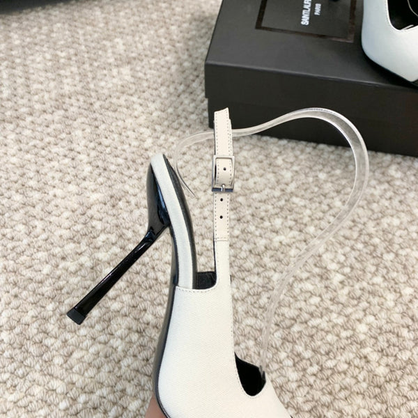 SL CAP-TOE SLINGBACKS WHITE CANVAS AND BLACK CALFSKIN