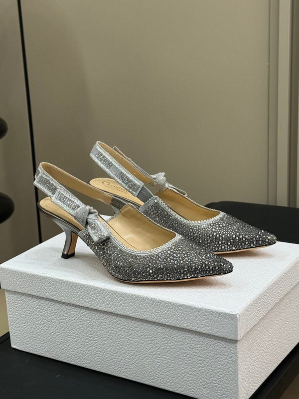 J'Adior Slingback Black Silver-tone Cotton Microbeads