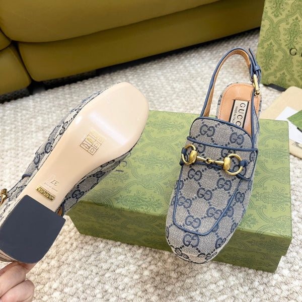 GG HIGH - HEEL SLINGBACK WITH HORSEBIT LIGHT GRAY CALFSKIN