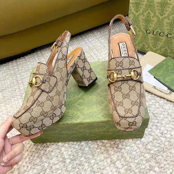 GG HIGH - HEEL SLINGBACK WITH HORSEBIT LIGHT BROWN CALFSKIN