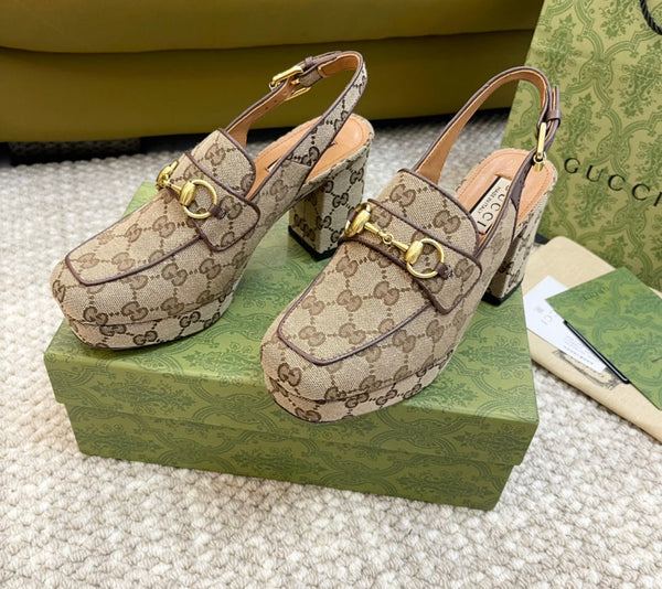 GG HIGH - HEEL SLINGBACK WITH HORSEBIT LIGHT BROWN CALFSKIN