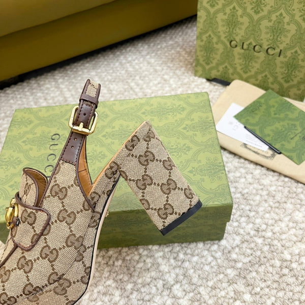 GG HIGH - HEEL SLINGBACK WITH HORSEBIT LIGHT BROWN CALFSKIN