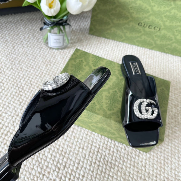 GG CRYSTAL SLIDES SANDAL BLACK CALFSKIN