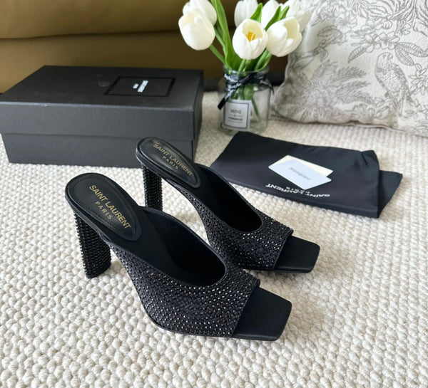 SL SEPT MULES BLACK SATIN AND RHINESTONES