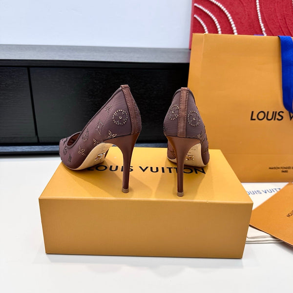 LV GALA High Heels Series Shoes 95mm Dark Rose Taupe Mesh 542214