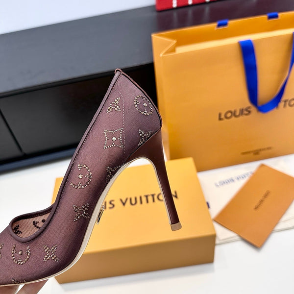 LV GALA High Heels Series Shoes 95mm Dark Rose Taupe Mesh 542214
