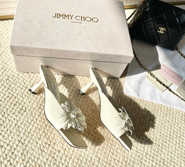 Jimmy Choo Skye Corsage Sandals White Sheepskin 669840