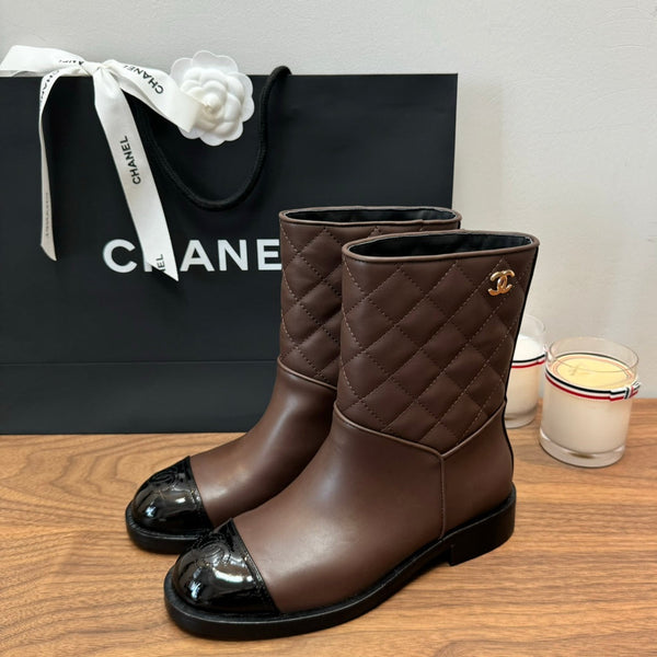 CC Short Boots Earth Brown Quilted Calfskin