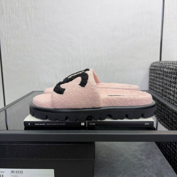 CC 26s Shearling Slide Flat Mules Light Pink Black Wool 128096