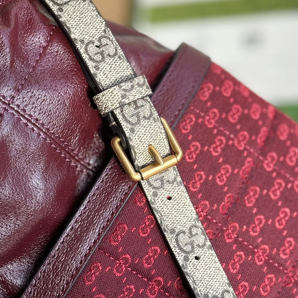 BORSA A SECCHIELLO 18 IN TELA ROSSA BORDEAUX E VITELLO FERRAMENTA ORO