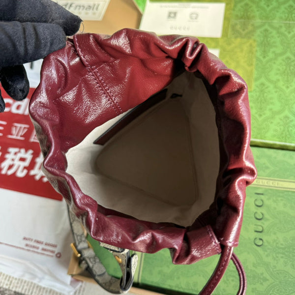 BORSA A SECCHIELLO 18 IN TELA ROSSA BORDEAUX E VITELLO FERRAMENTA ORO