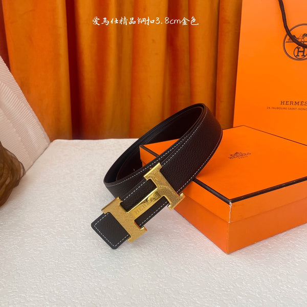 HM Gold Buckle H Belt 38mm Black Brown Calfskin 187185
