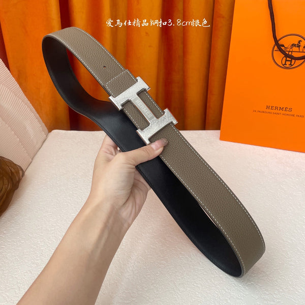 HM Silver Buckle H Belt 38mm Etoupe Calfskin 187184