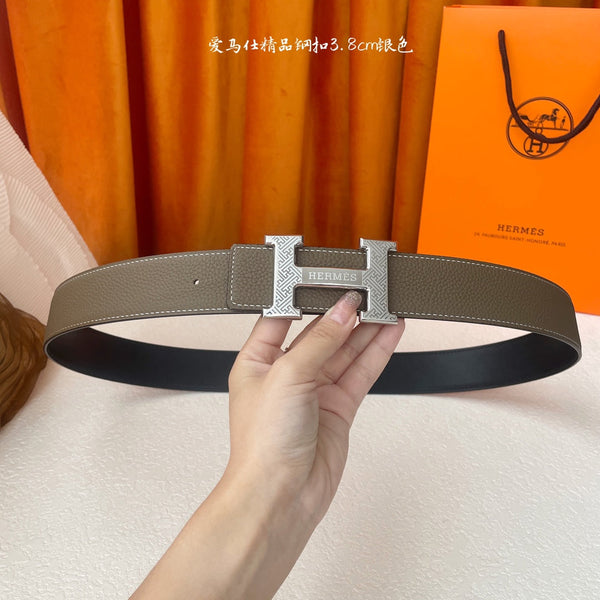 HM Silver Buckle H Belt 38mm Etoupe Calfskin 187184