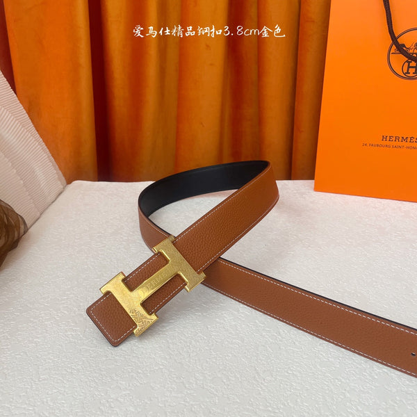 HM Gold Buckle H Belt 38mm Brown Calfskin 187183