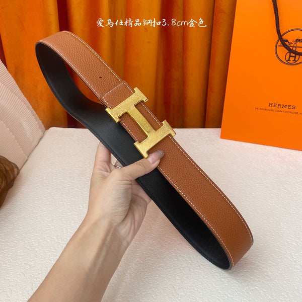 HM Gold Buckle H Belt 38mm Brown Calfskin 187183