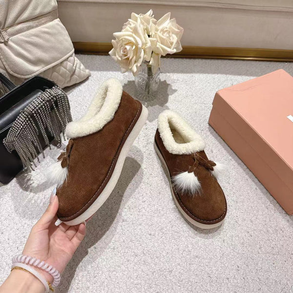 Miu Booties Dark Brown Suede Shearling-Lined with Fur Tassels 455927