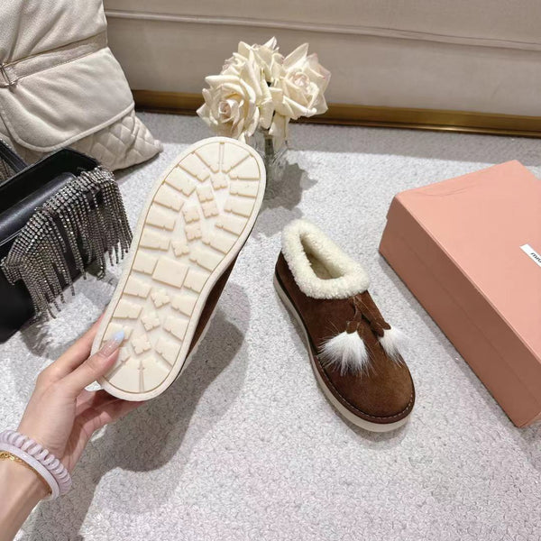 Miu Booties Dark Brown Suede Shearling-Lined with Fur Tassels 455927