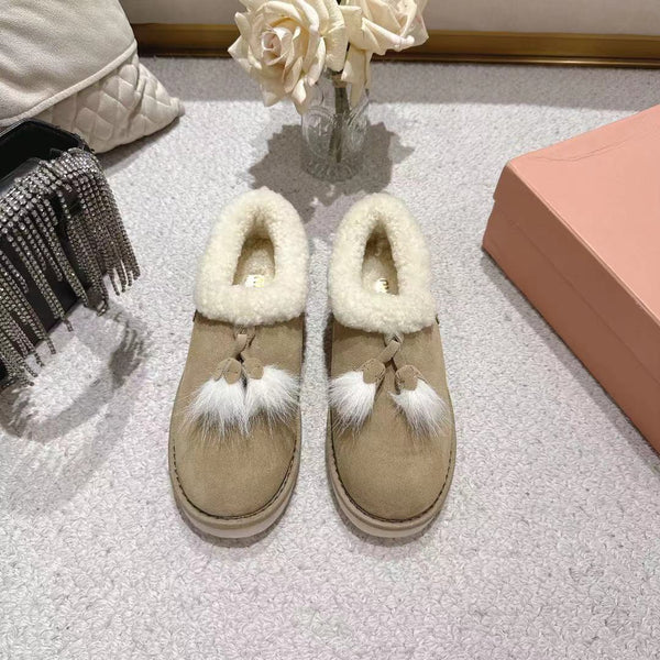 Miu Booties Taupe Suede Shearling-Lined with Fur Tassels 455928