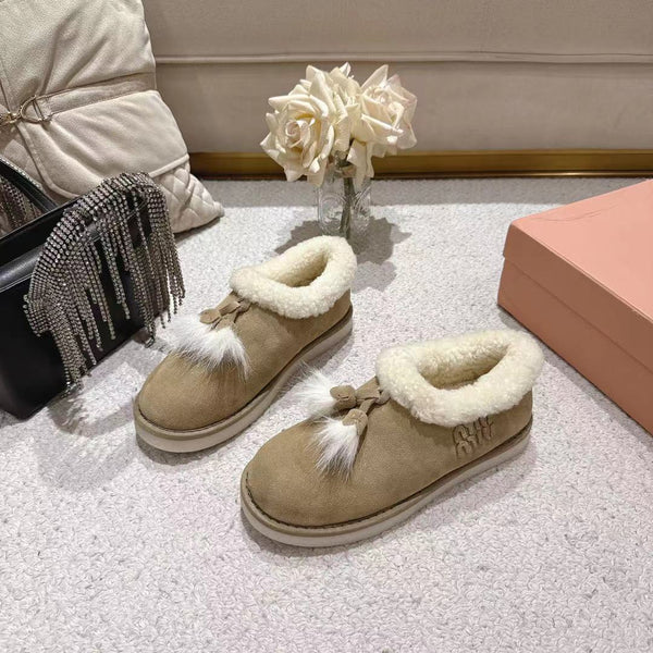 Miu Booties Taupe Suede Shearling-Lined with Fur Tassels 455928