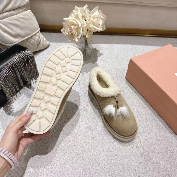 Miu Booties Taupe Suede Shearling-Lined with Fur Tassels 455928