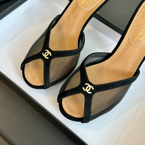 cc mule sandal black lace beige calfskin