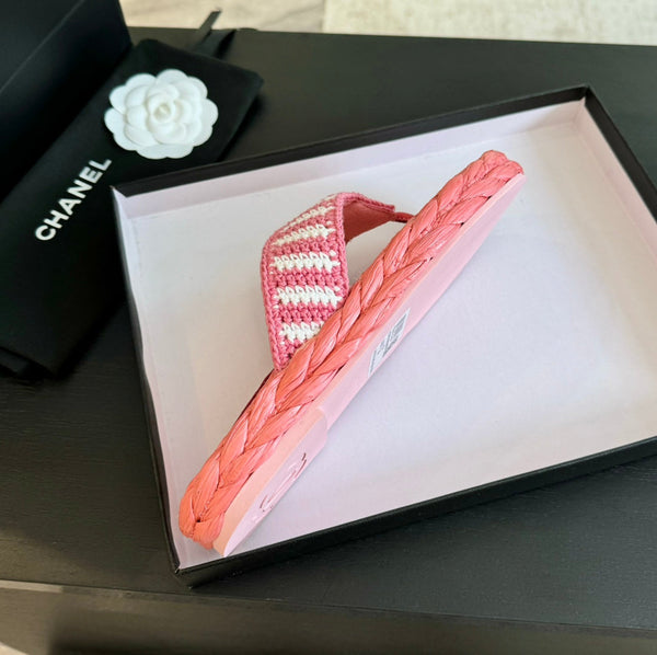 cc thong sandal striped pink white satin fabric