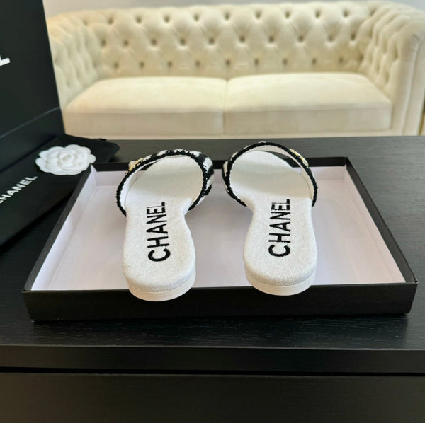 cc mule sandal striped black white satin fabric